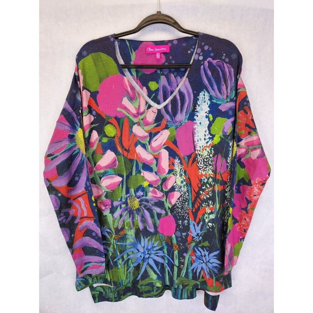 Claire Desjardins Tunic Top Women's M V-Neck Floral Abstract Garden Artsy Boho